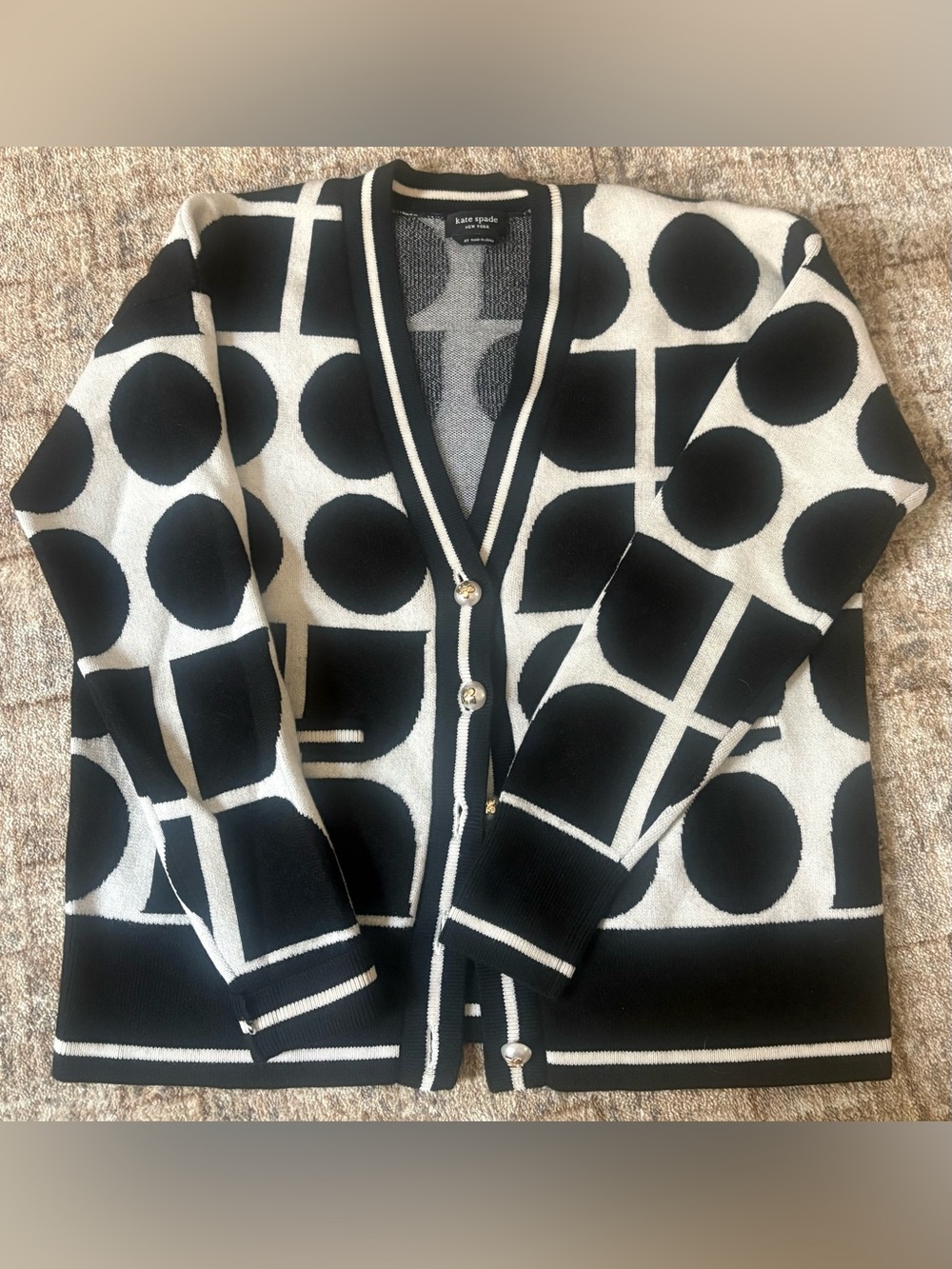 kate spade Black and white Geometric Dot Cardigan with Button Front